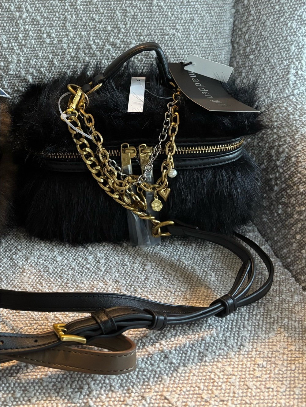Madden Girl Black Faux Fur Crossbody with Gold Chain Accents